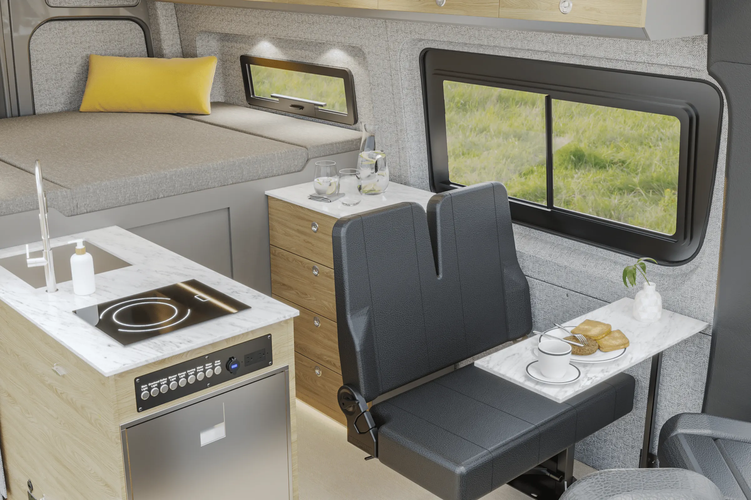 Aoraki interior in the Bryson color package, the galley and the dinette seen from the side door, with the table set
