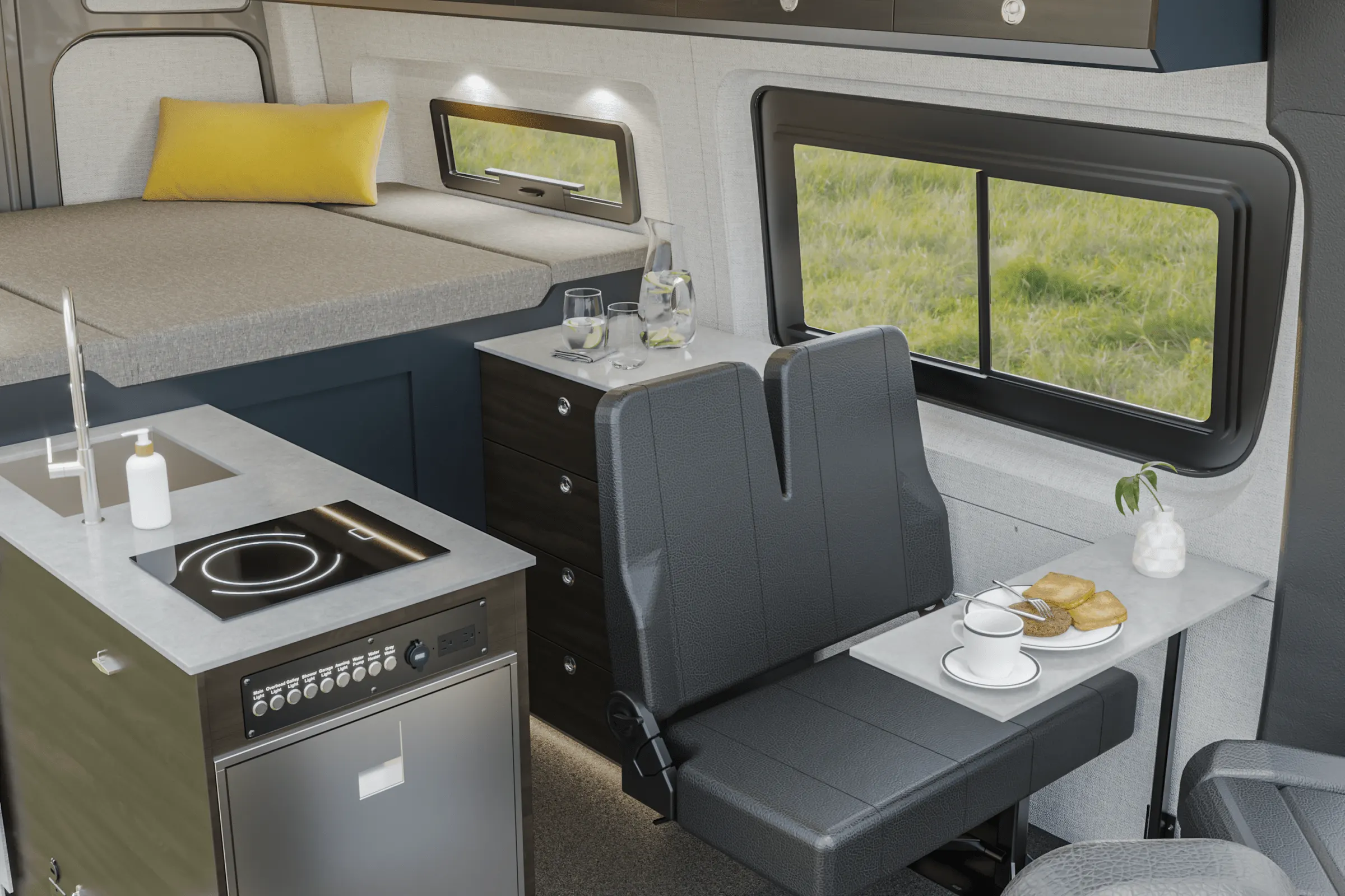 Aoraki interior in the Cordova color package, the galley and the dinette seen from the side door, with the table set