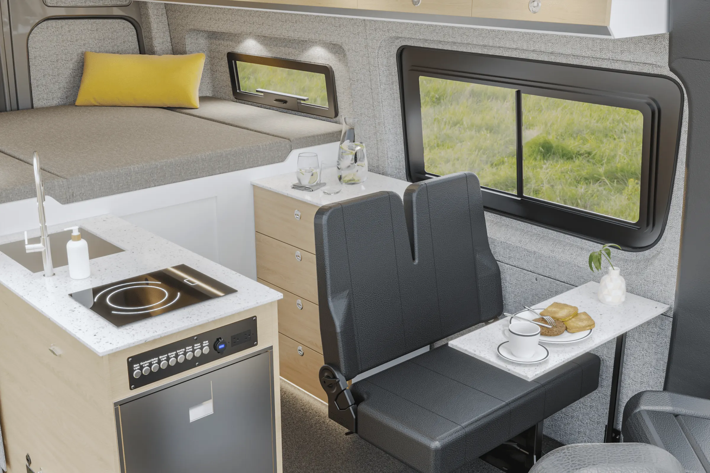 Aoraki interior in the Estes color package, the galley and the dinette seen from the side door, with the table set