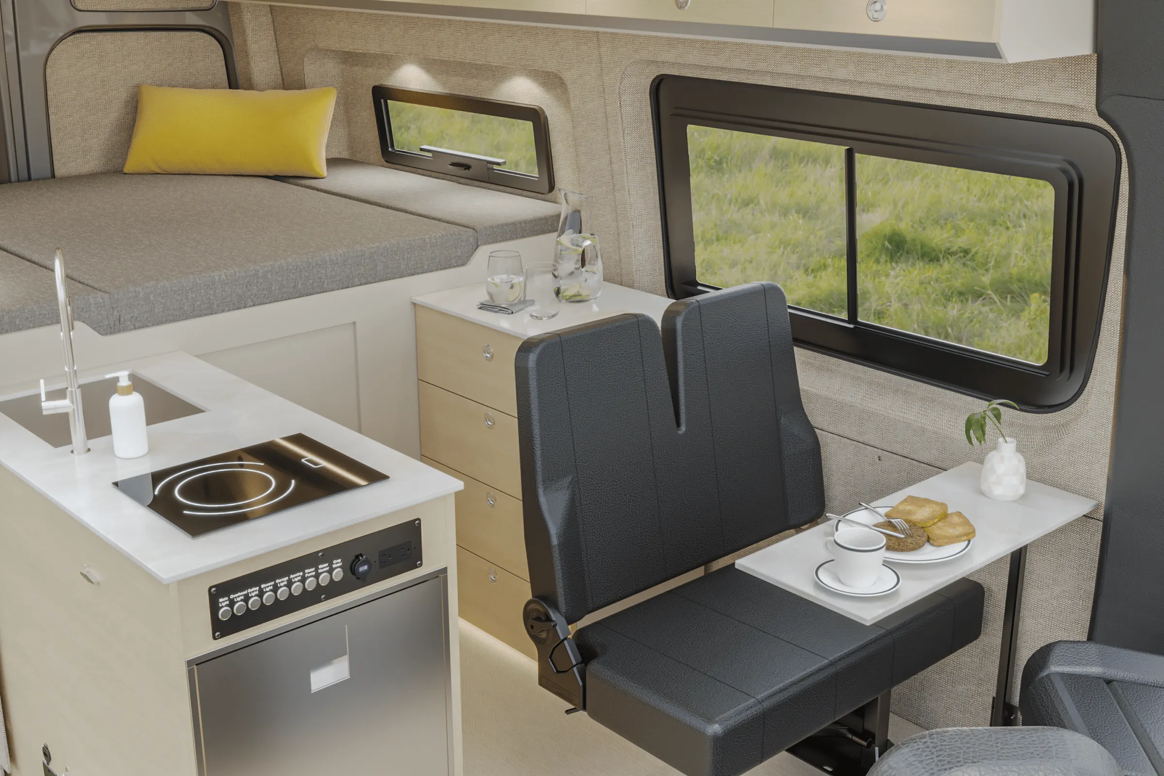 Aoraki interior in the Stowe color package, the galley and the dinette seen from the side door, with the table set