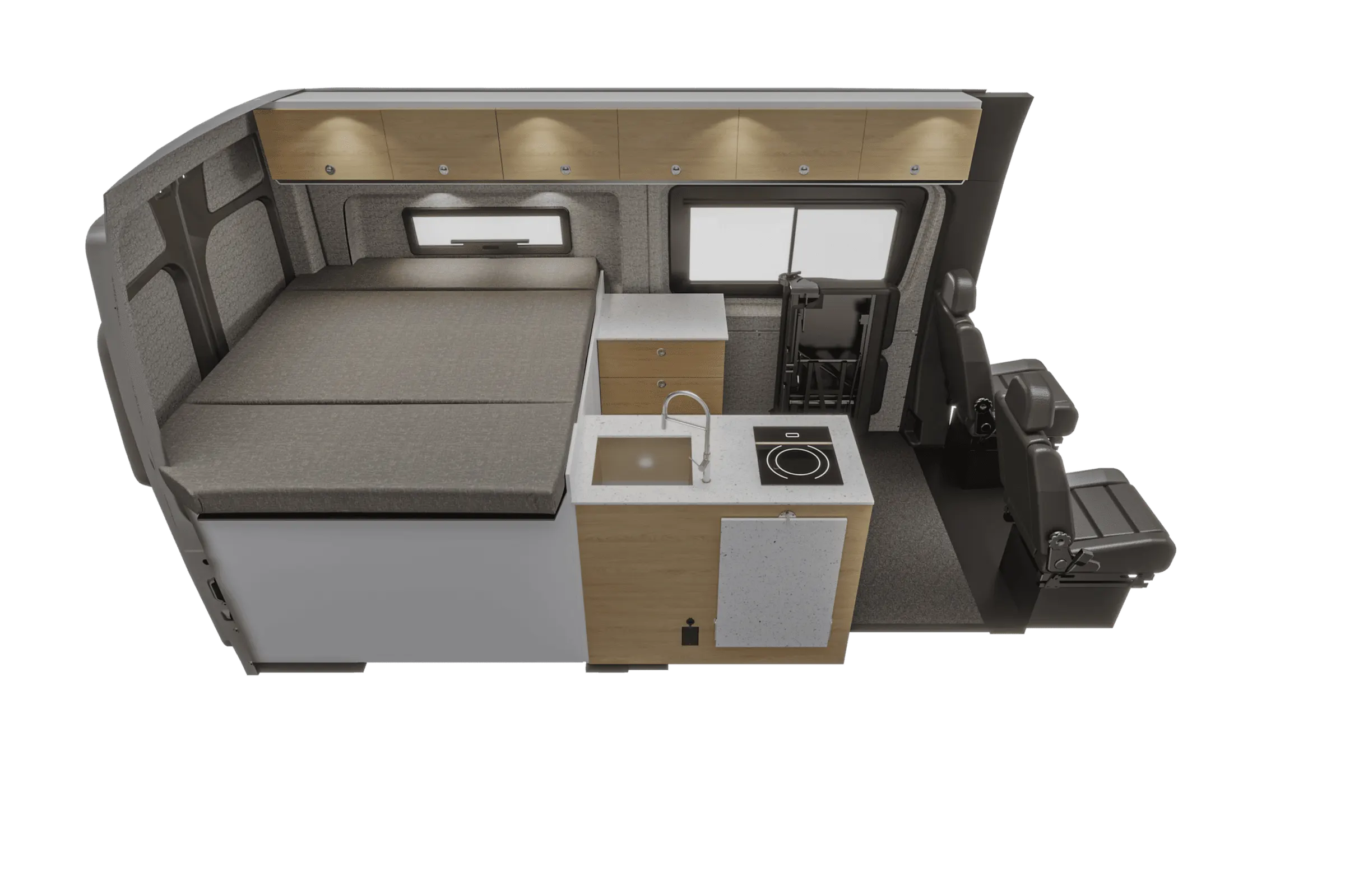 Cutaway view of the Aoraki interior from the rear, showing the bed platform and galley