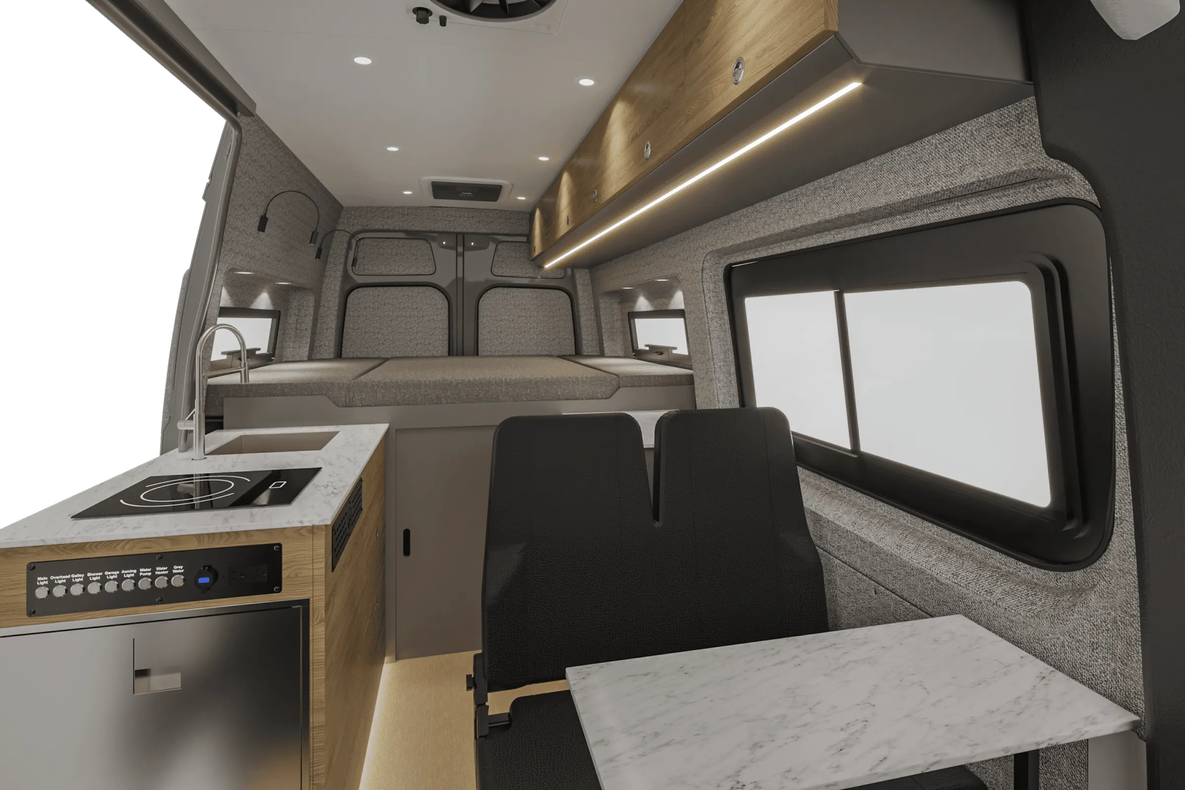 Aoraki interior in the Bryson color package, looking aft along the cabin from the cab, galley to the left