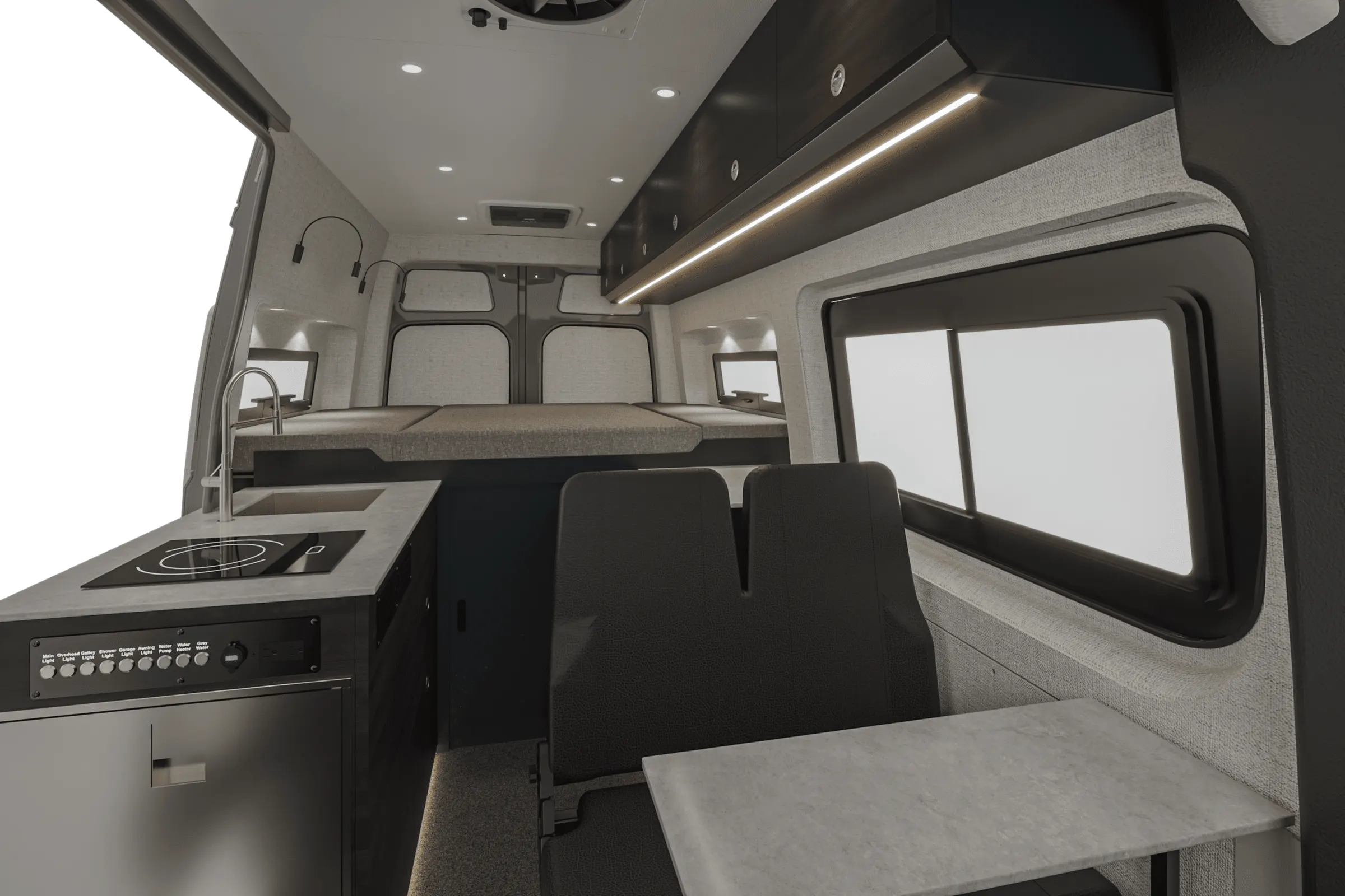Aoraki interior in the Cordova color package, looking aft along the cabin from the cab, galley to the left
