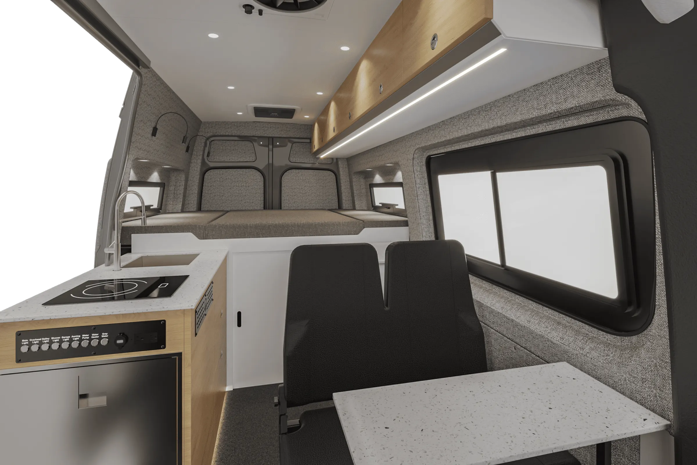 Aoraki interior in the Estes color package, looking aft along the cabin from the cab, galley to the left