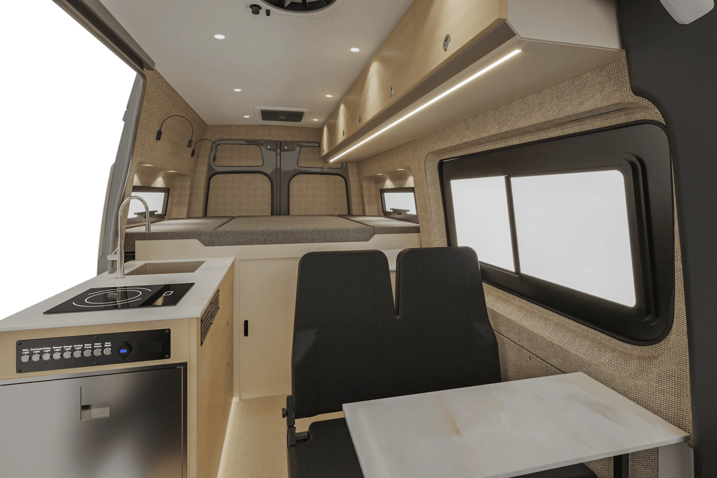 Aoraki interior in the Stowe color package, looking aft along the cabin from the cab, galley to the left