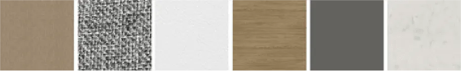 Six material samples from the Bryson package, left to right: a tan woven fabric, a grey upholstery weave, a white wall panel, a mid-brown wood veneer, a dark grey cabinet face and a pale stone counter