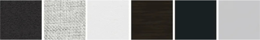 Six material samples from the Cordova package, left to right: a near-black woven fabric, a pale grey upholstery weave, a white wall panel, a near-black wood veneer, a near-black cabinet face and a grey stone counter