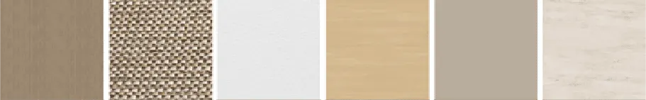 Six material samples from the Estes package, left to right: a tan woven fabric, a warm light upholstery weave, a white wall panel, a pale oak veneer, a light cabinet face and a cream stone counter