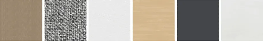 Six material samples from the Stowe package, left to right: a tan woven fabric, a grey upholstery weave, a white wall panel, a pale oak veneer, a charcoal cabinet face and a white stone counter