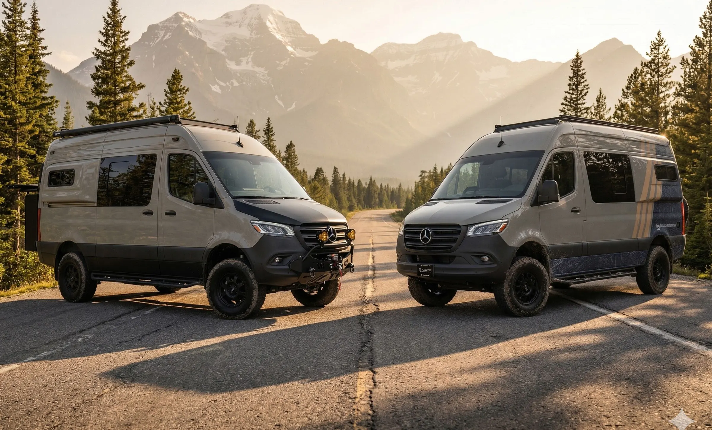 Two Highland Vans Sprinter campers facing each other on a mountain road at sunrise