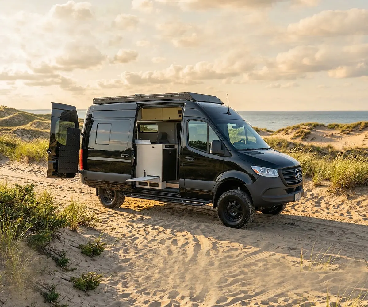 The Kinabalu in black, parked on dunes above the sea with its sliding door open onto the galley