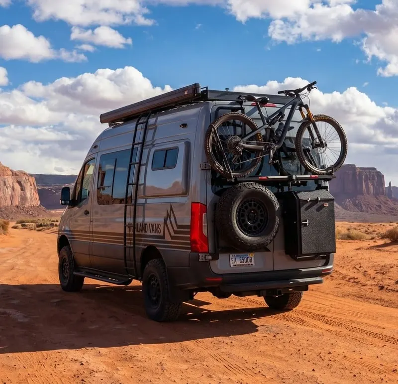 The rear three-quarter view of a Highland Vans Sprinter on a desert track in full daylight, a mountain bike on the rear carrier above the spare wheel and a storage box
