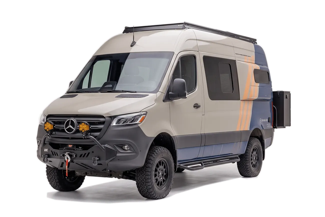 The AORAKI in Pro trim, three-quarter view, with the winch bumper, auxiliary lights and rear storage box fitted
