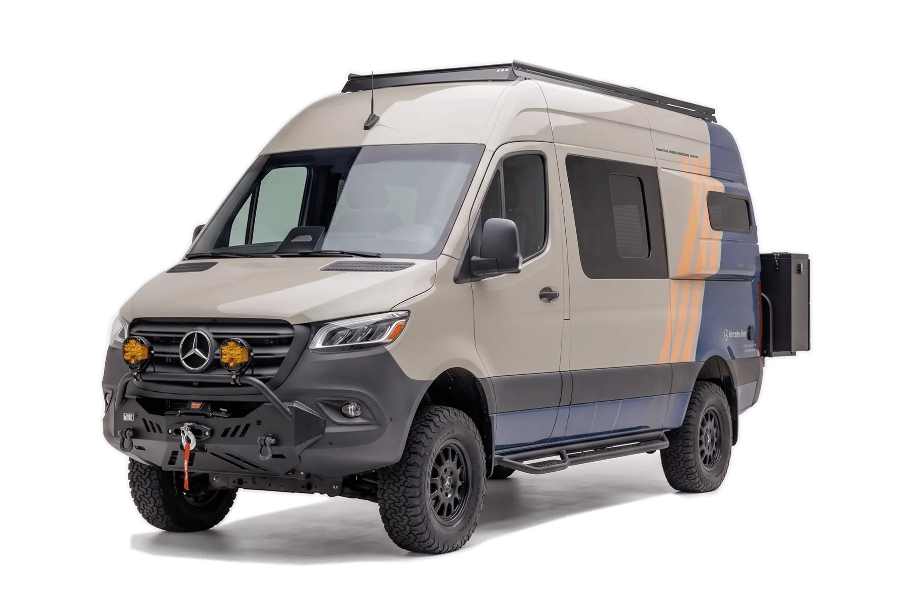 Front three-quarter view of the Aoraki Pro, with off-road bumper, winch and side steps