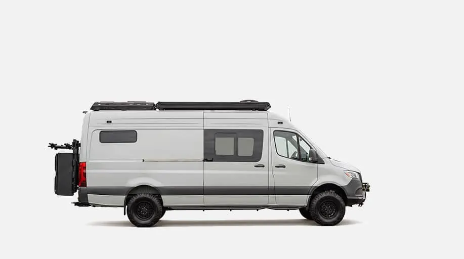 The Parbat in profile, a studio view of the 170-inch high-roof body on all-terrain tyres
