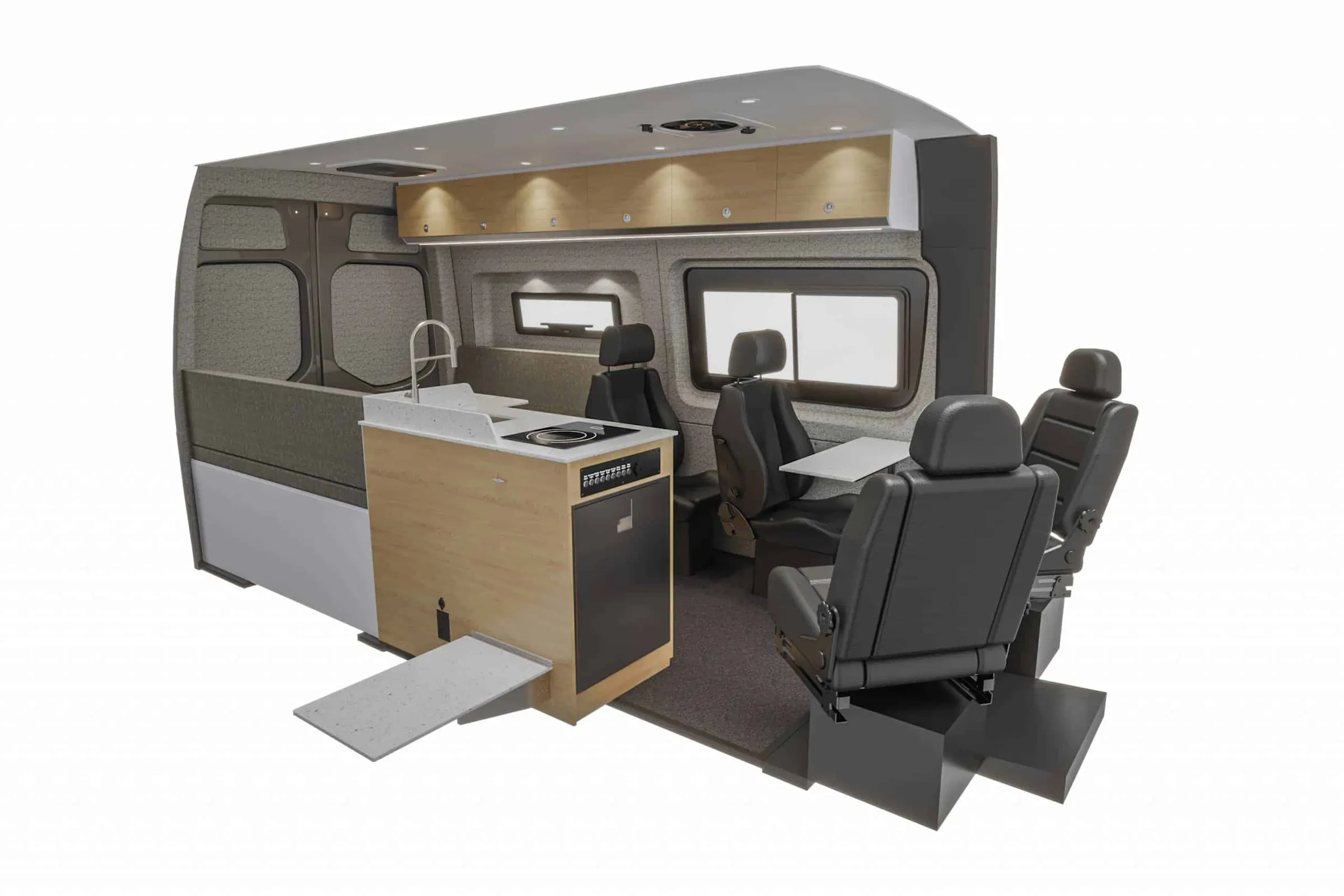 Cutaway view of the Kinabalu interior, showing the galley and four belted seats