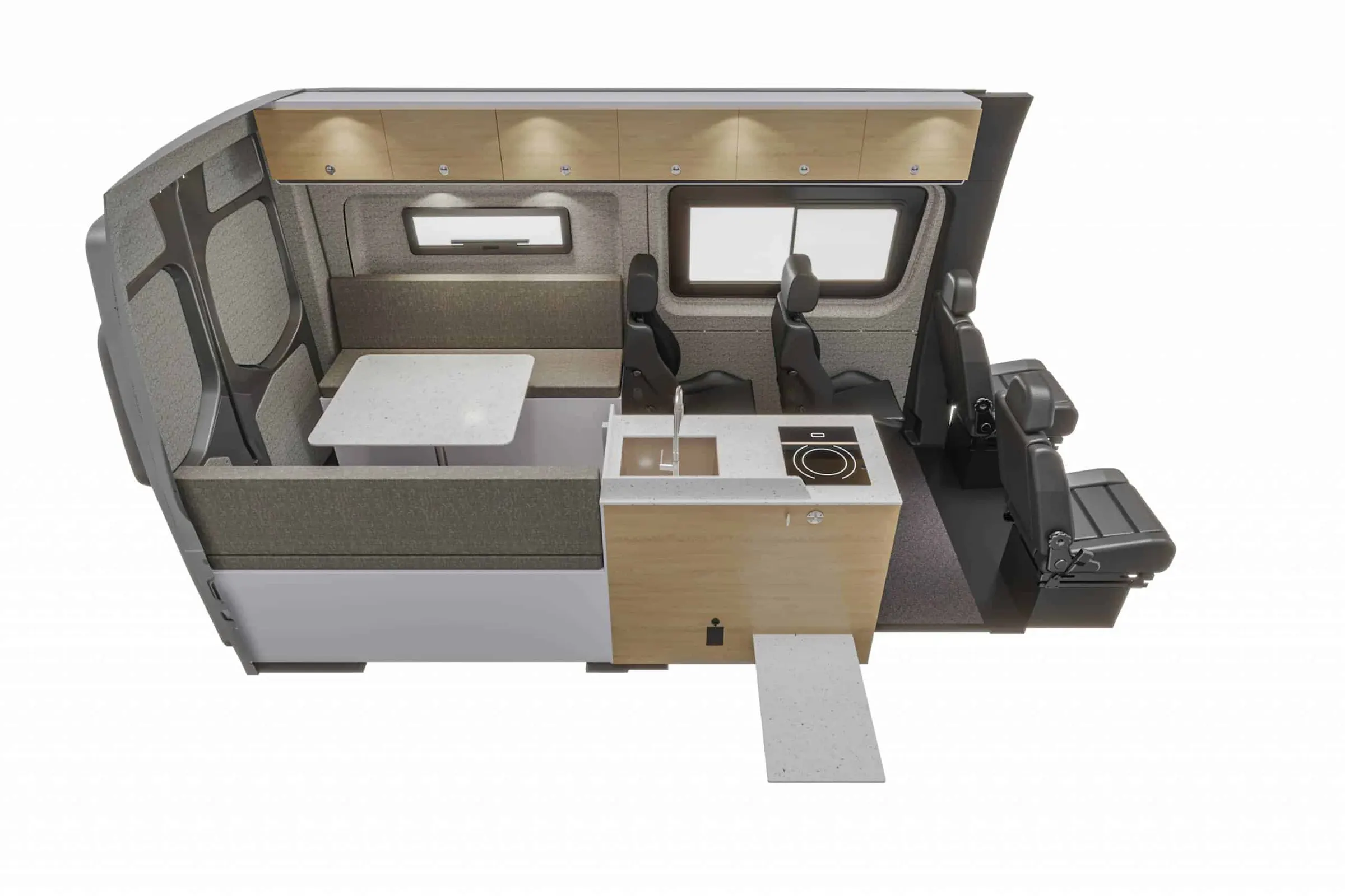 Cutaway view of the Kinabalu interior from the rear, showing the dinette and galley