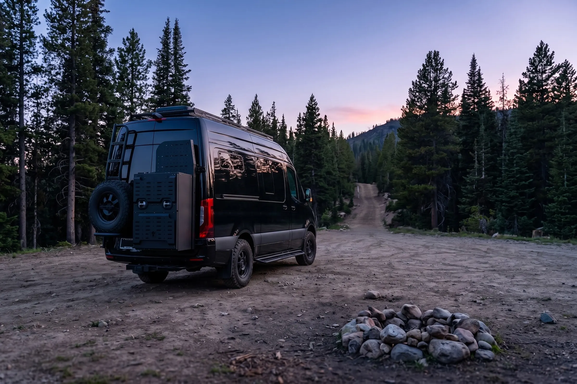 Black Kinabalu parked at the end of a forest track at sunset