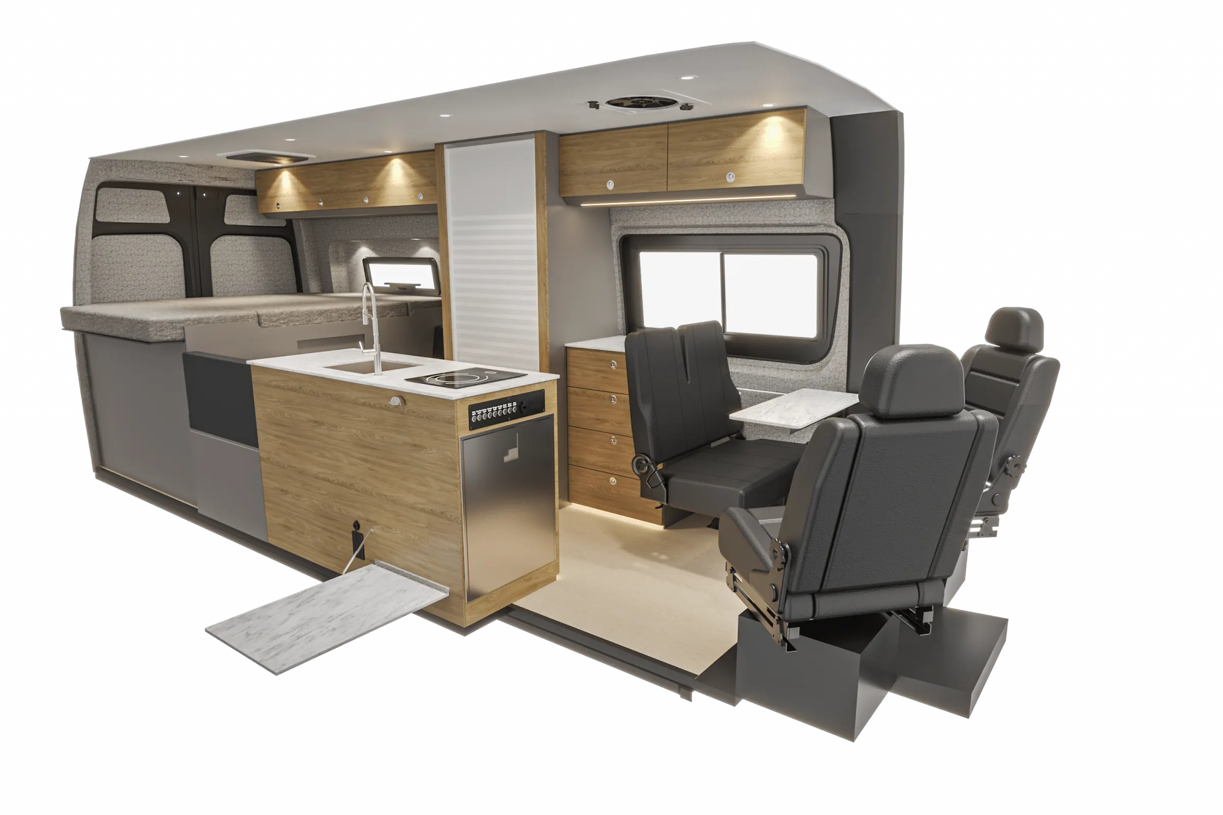 Cutaway view of the Parbat interior, showing the galley and the dinette
