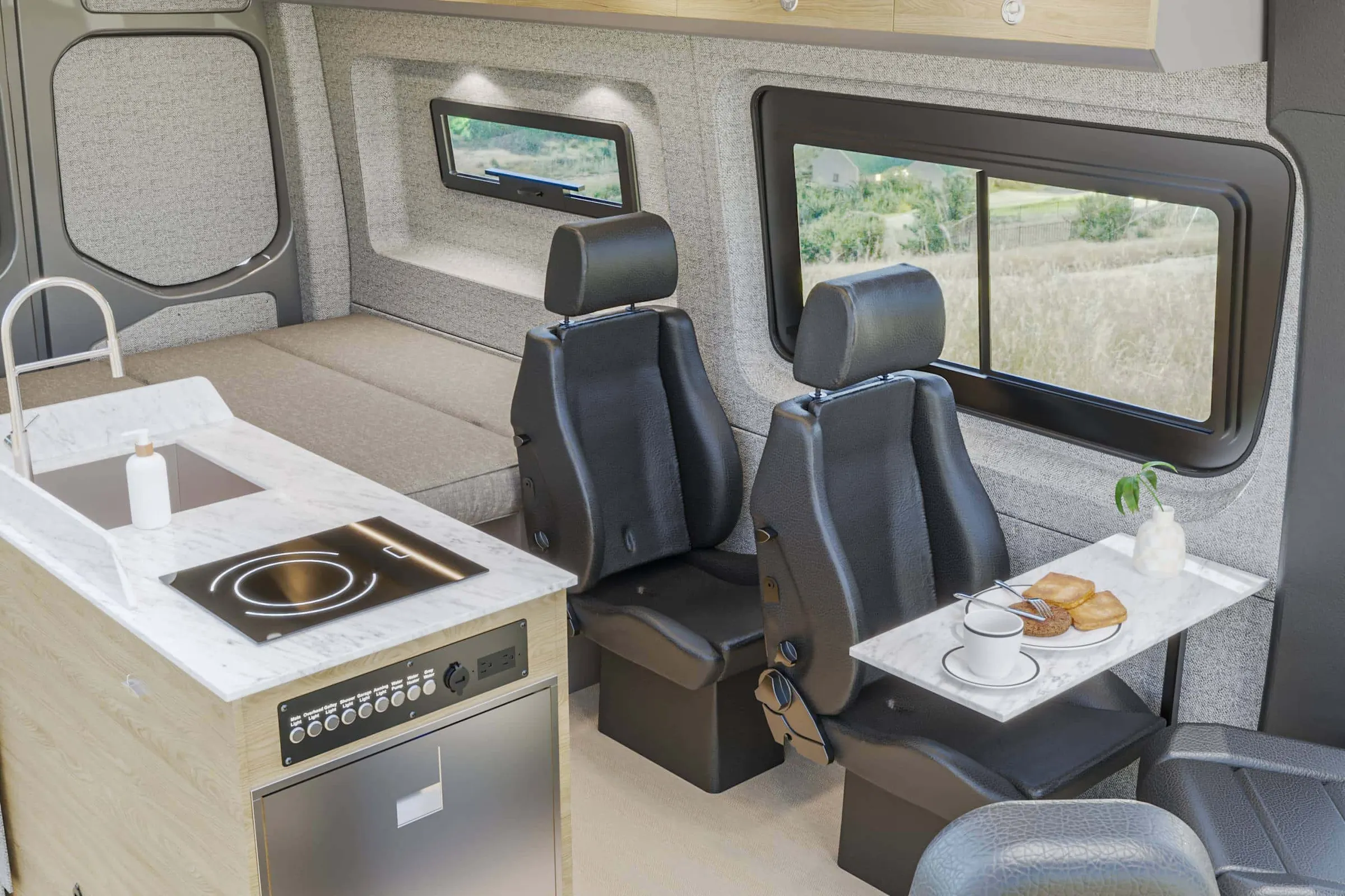 Kinabalu interior in the Bryson color package, the galley and the dinette seen from the side door, with the table set