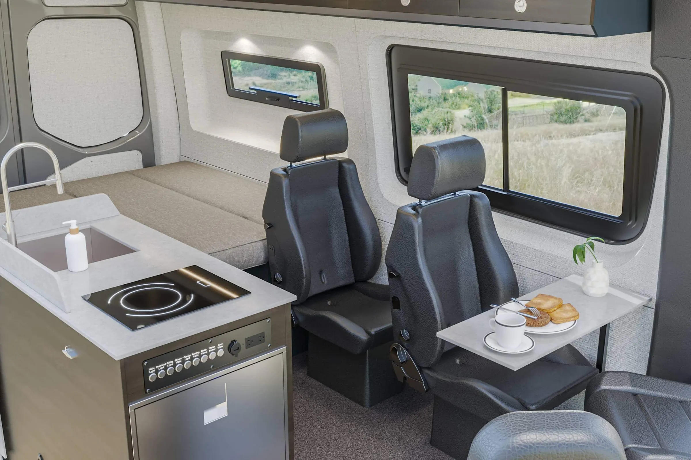 Kinabalu interior in the Cordova color package, the galley and the dinette seen from the side door, with the table set
