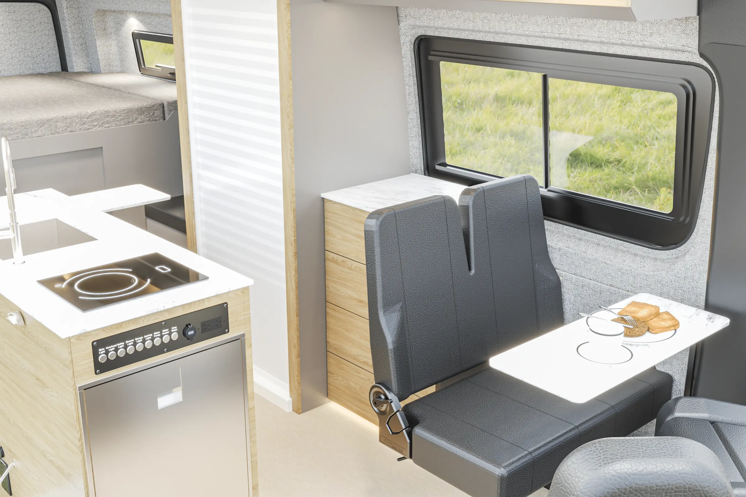 Parbat interior in the Bryson color package, the galley and the dinette seen from the side door, with the table set