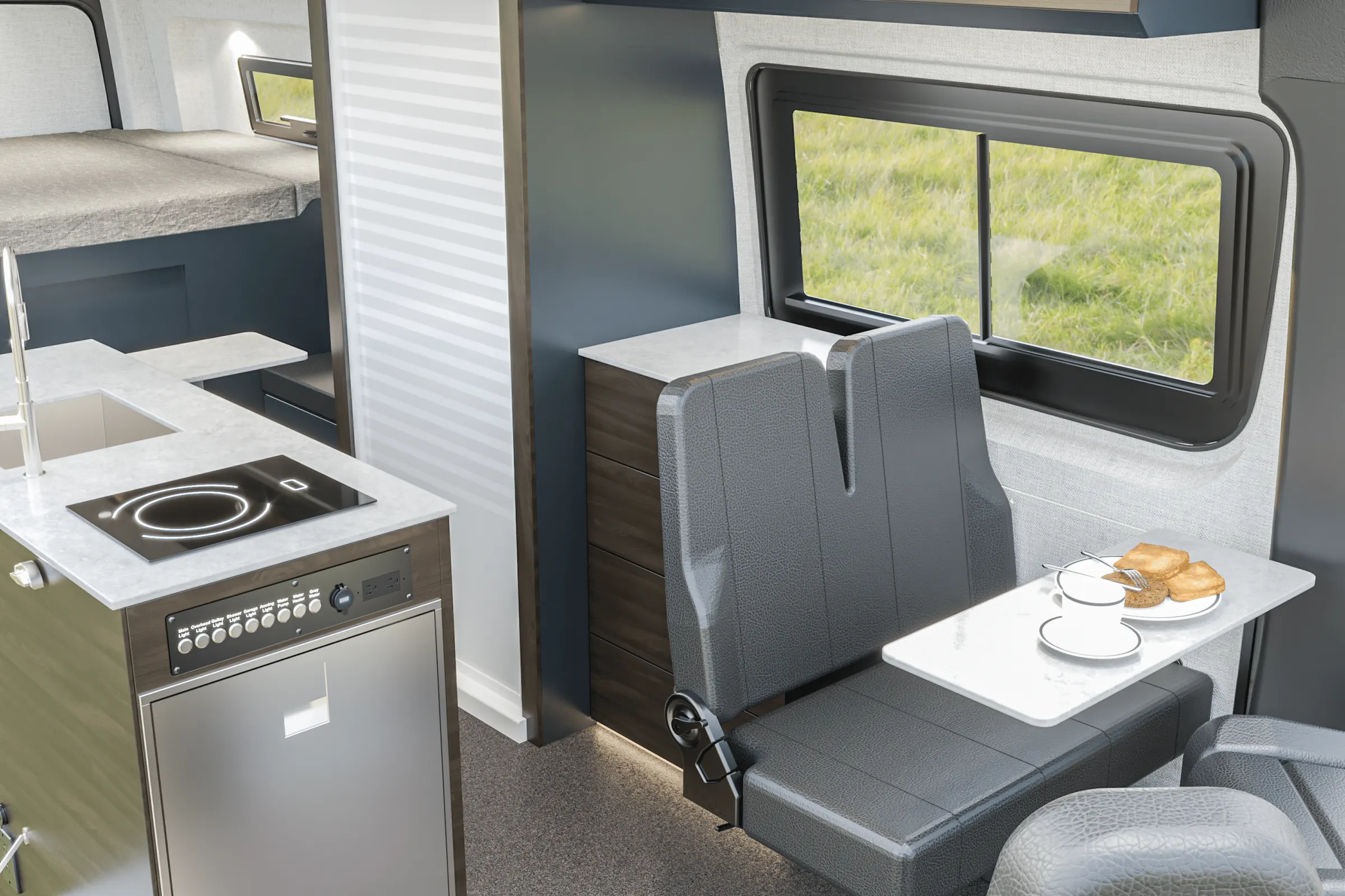 Parbat interior in the Cordova color package, the galley and the dinette seen from the side door, with the table set