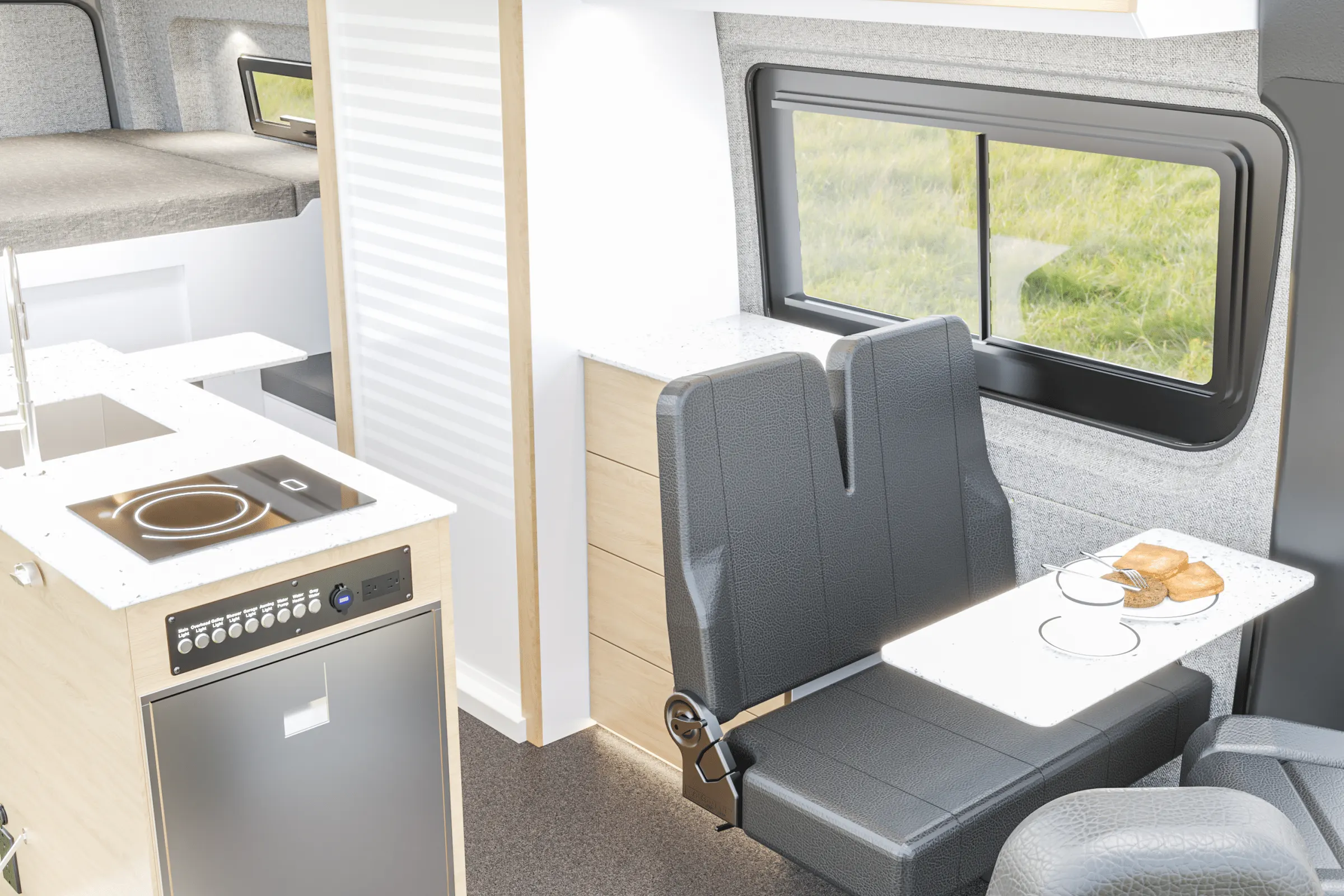 Parbat interior in the Estes color package, the galley and the dinette seen from the side door, with the table set
