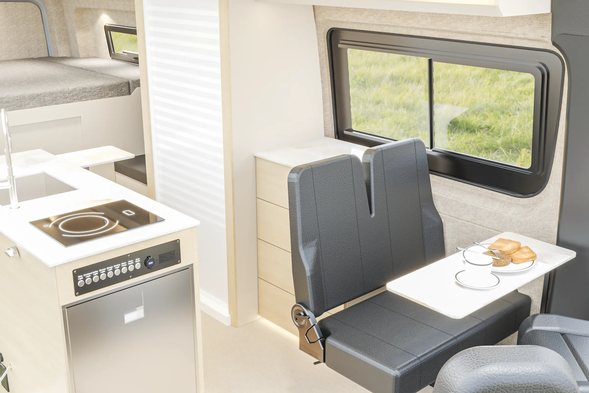 Parbat interior in the Stowe color package, the galley and the dinette seen from the side door, with the table set