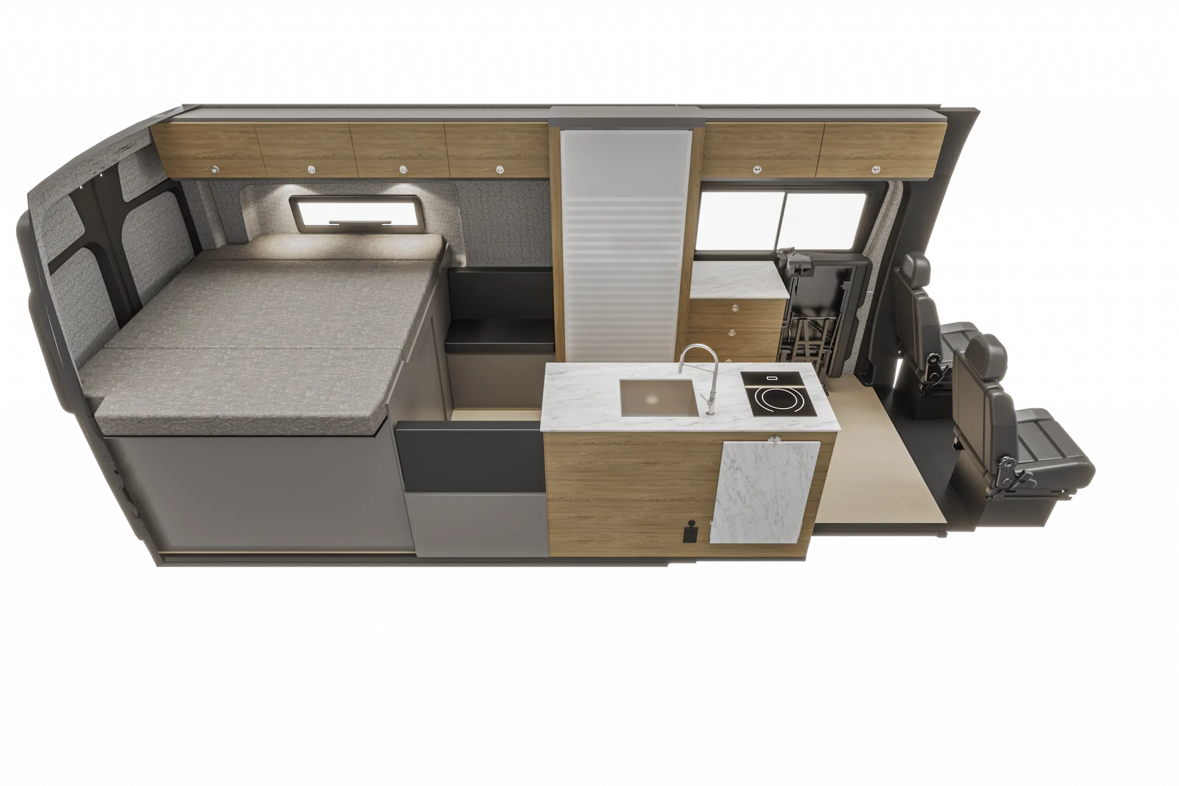 Cutaway view of the Parbat interior from the rear, showing the bed and galley