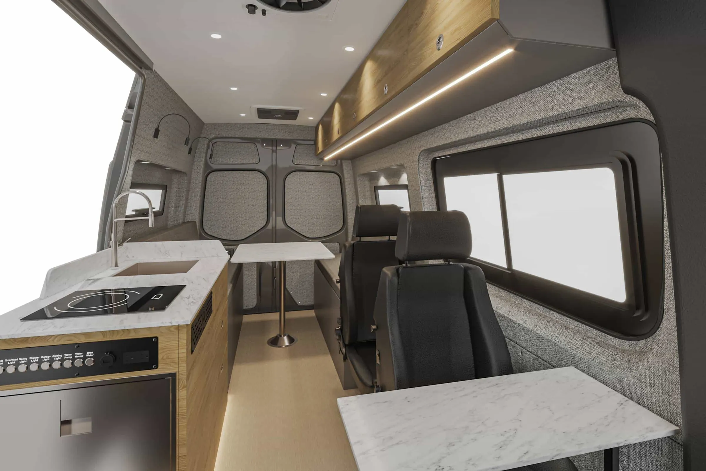 Kinabalu interior in the Bryson color package, looking aft along the cabin from the cab, galley to the left