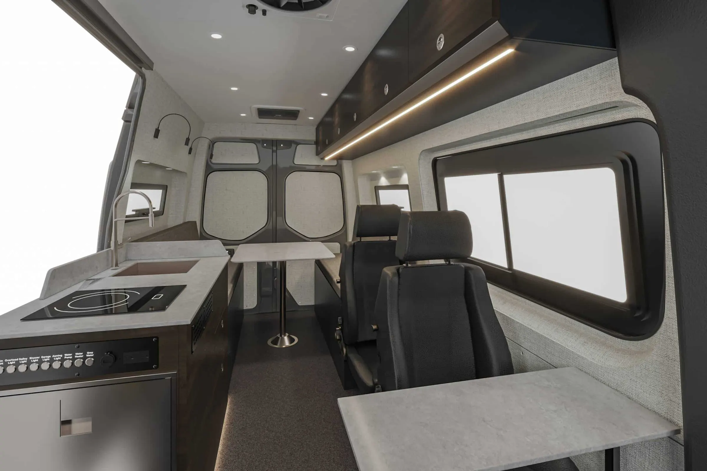 Kinabalu interior in the Cordova color package, looking aft along the cabin from the cab, galley to the left