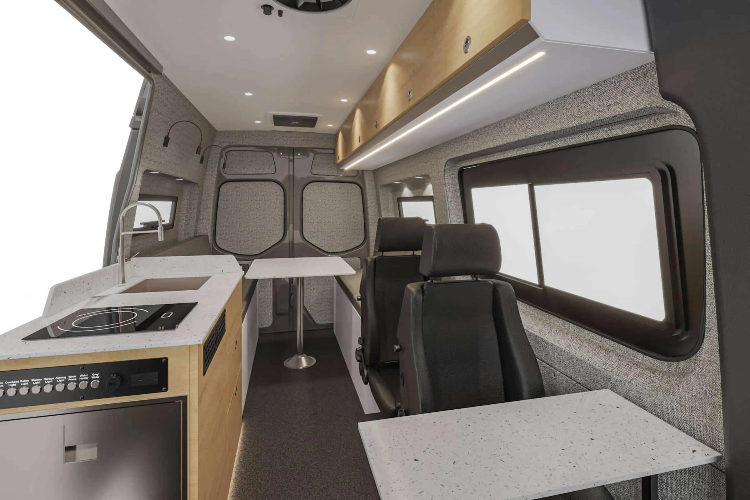 Kinabalu interior in the Estes color package, looking aft along the cabin from the cab, galley to the left