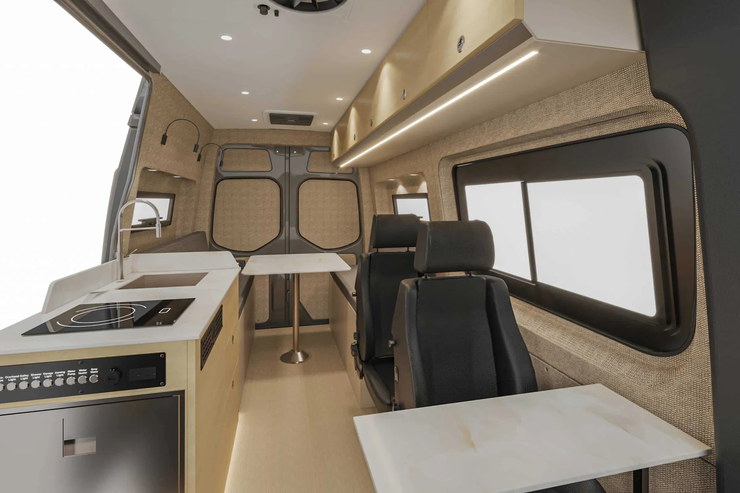 Kinabalu interior in the Stowe color package, looking aft along the cabin from the cab, galley to the left