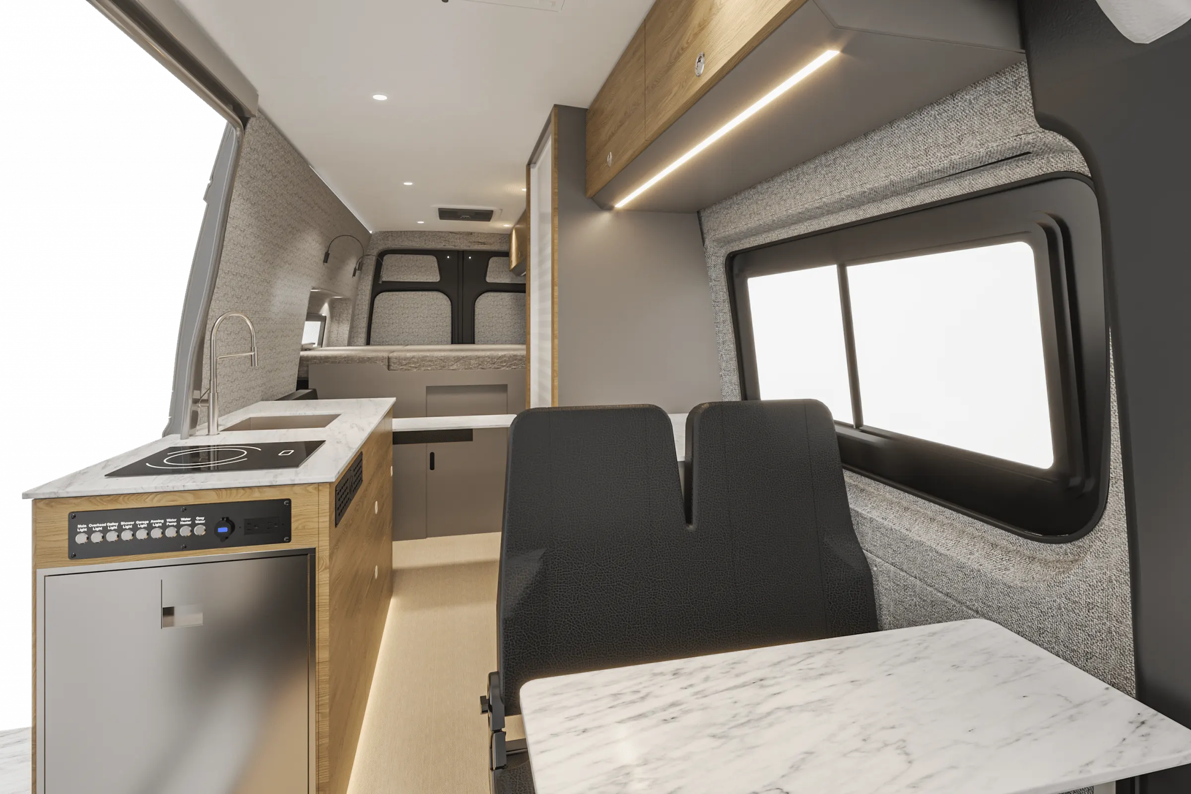 Parbat interior in the Bryson color package, looking aft along the cabin from the cab, galley to the left
