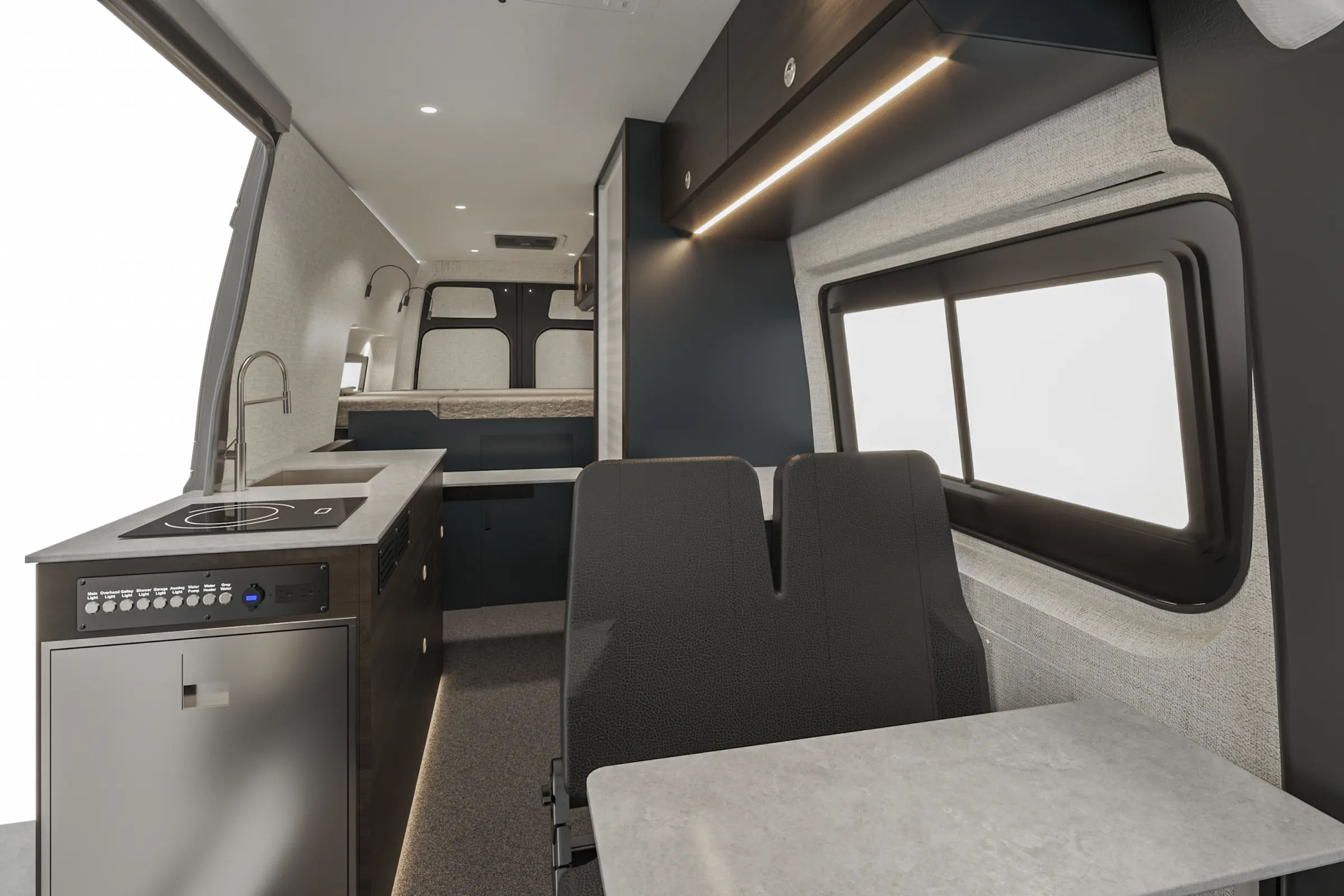 Parbat interior in the Cordova color package, looking aft along the cabin from the cab, galley to the left