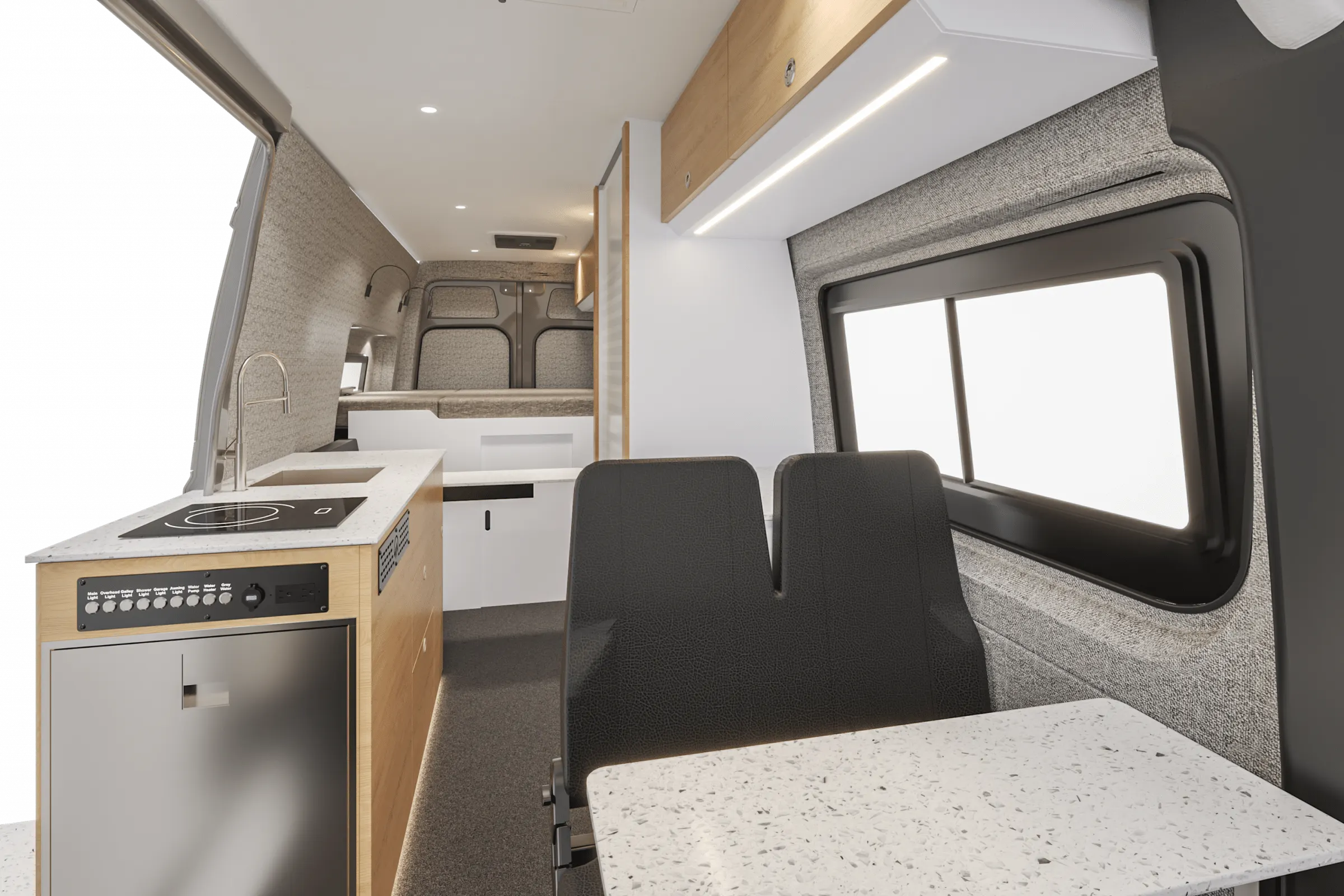 Parbat interior in the Estes color package, looking aft along the cabin from the cab, galley to the left