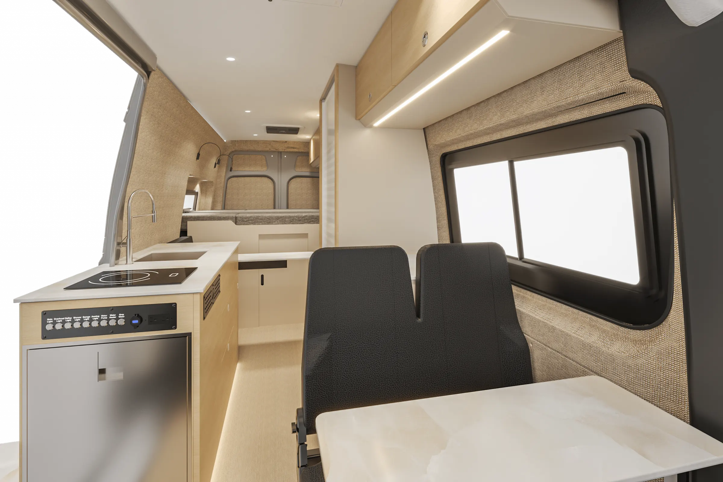 Parbat interior in the Stowe color package, looking aft along the cabin from the cab, galley to the left