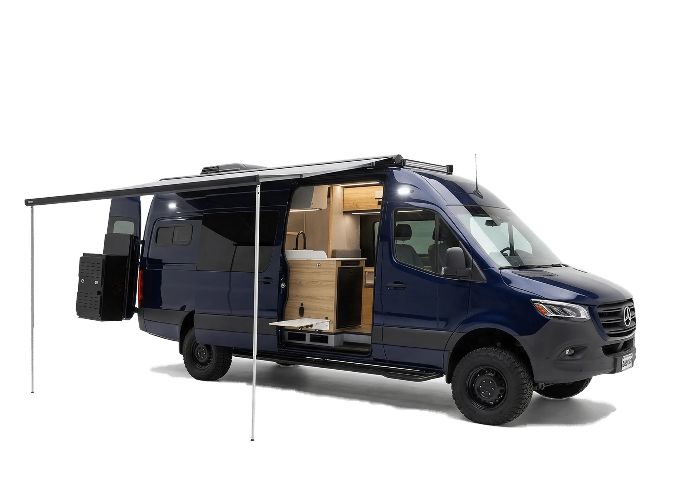 Front three-quarter view of the Parbat Core in dark blue, with the awning out