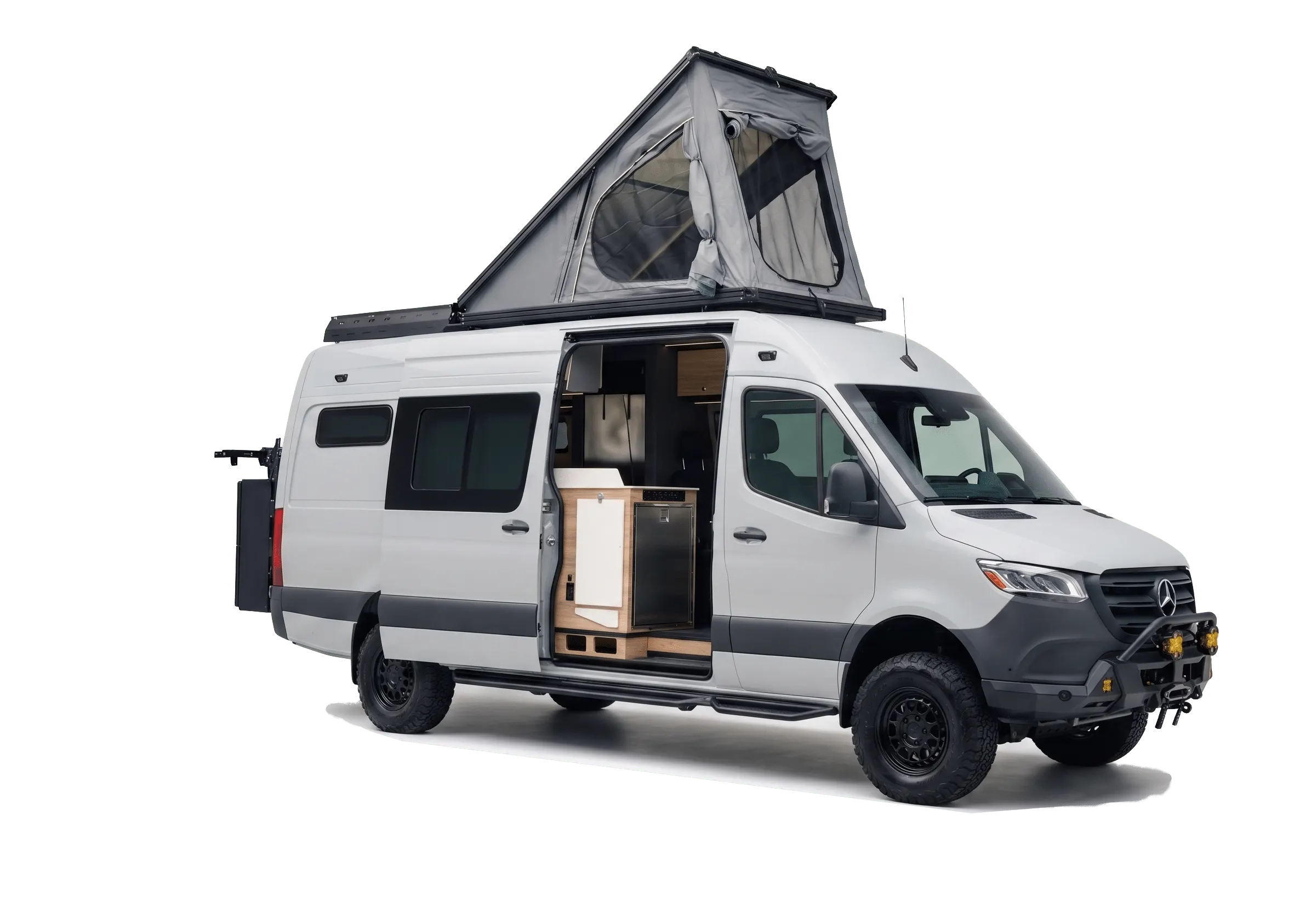 Front three-quarter view of the Parbat Pro in white, with the roof tent open