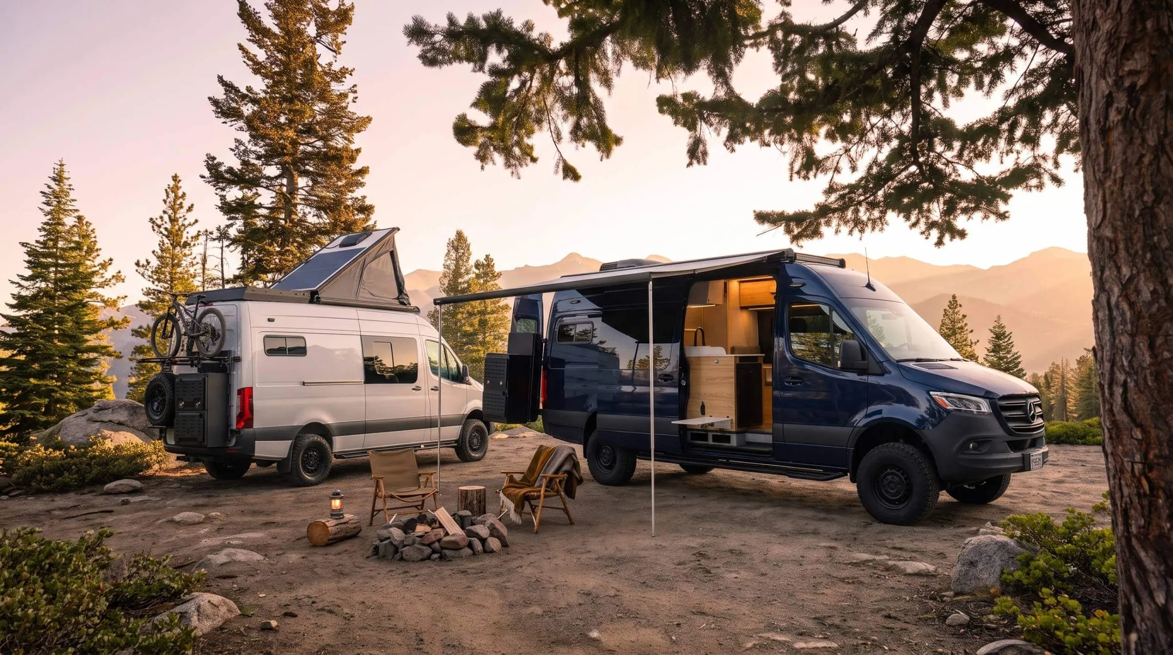 Two Parbats at a forest camp at dusk, one with its awning out