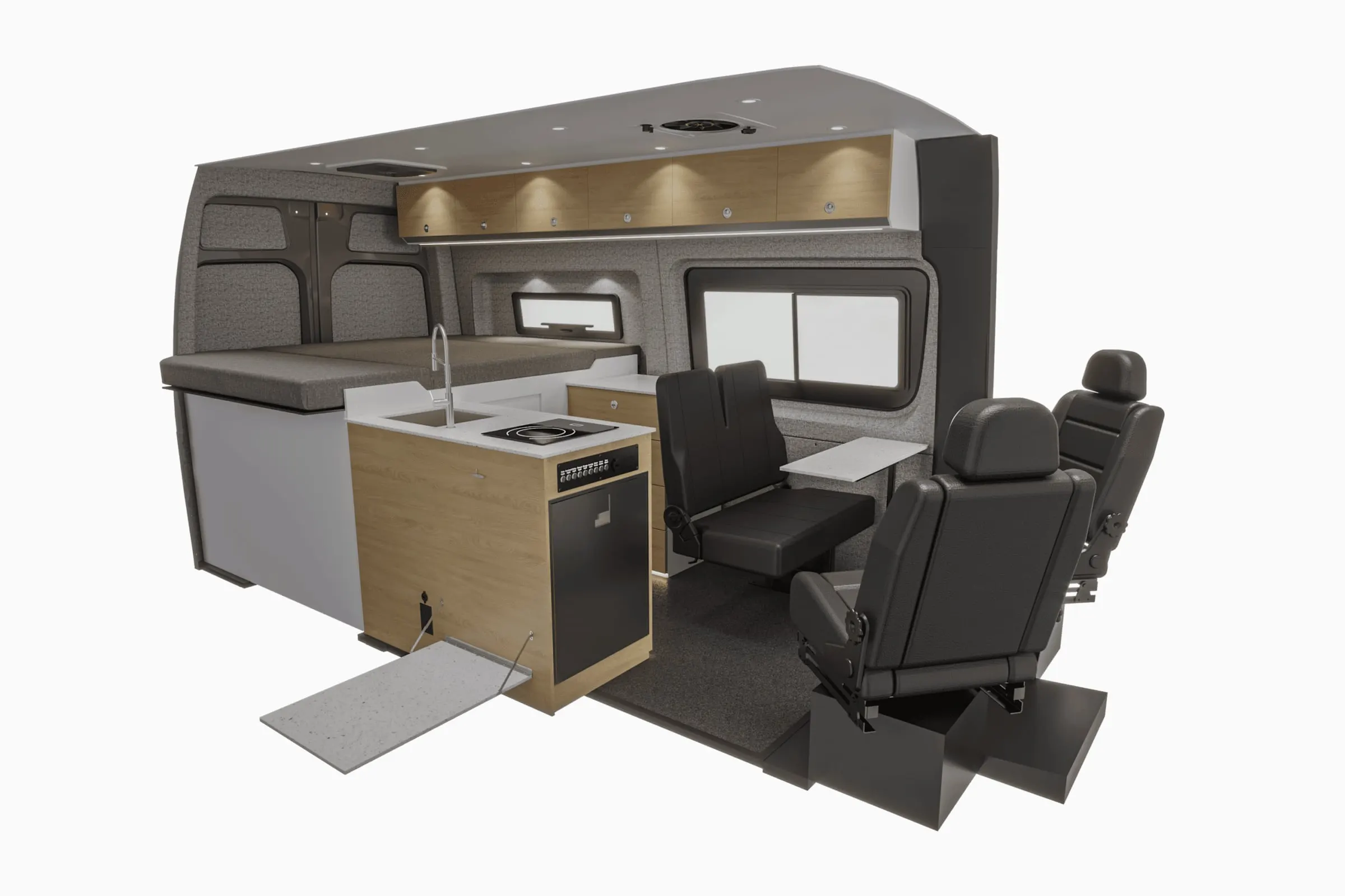 Cutaway view of the Aoraki interior, showing the galley, bench seat and swivel cab seats