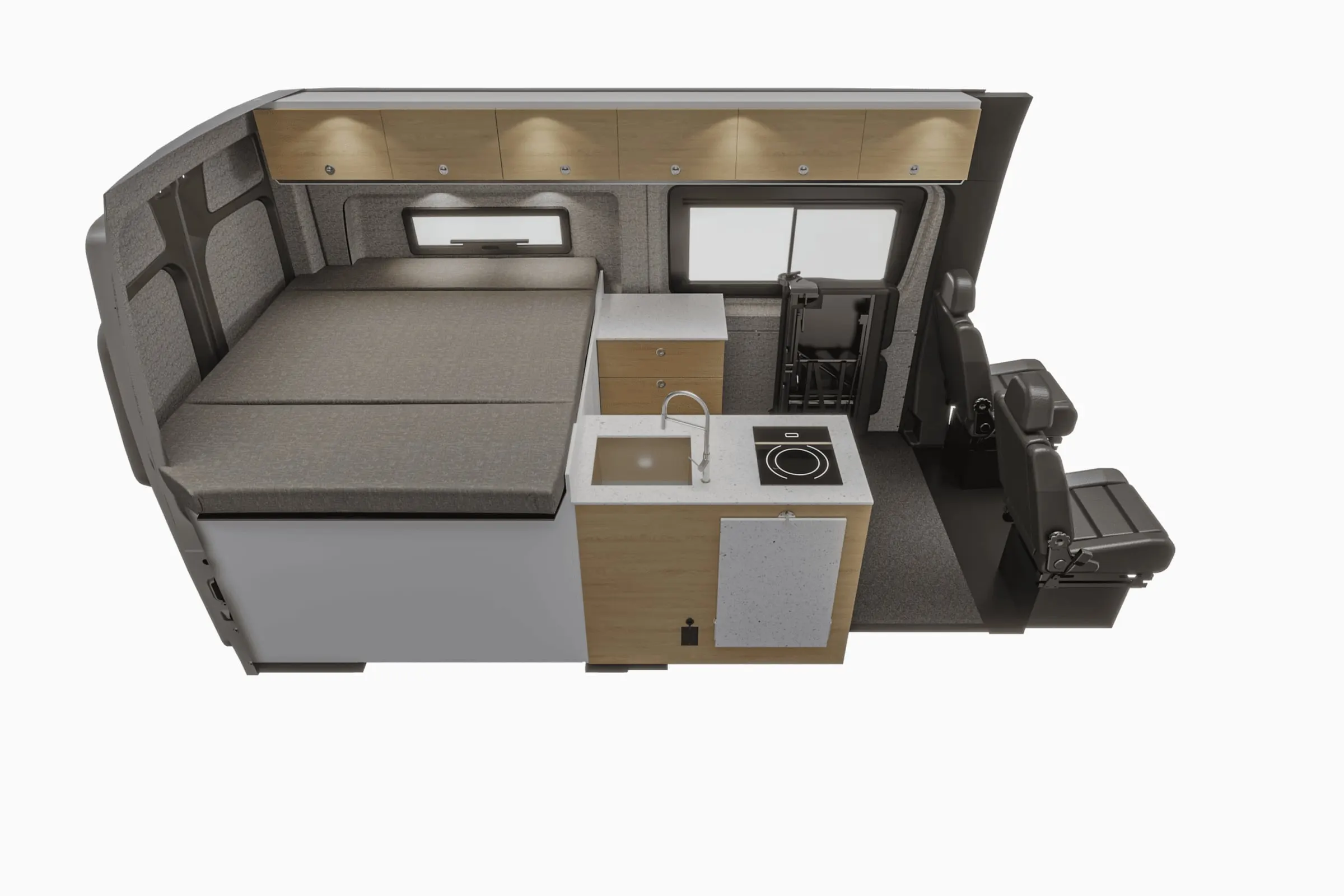 Cutaway view of the Aoraki interior from the rear, showing the bed platform and galley