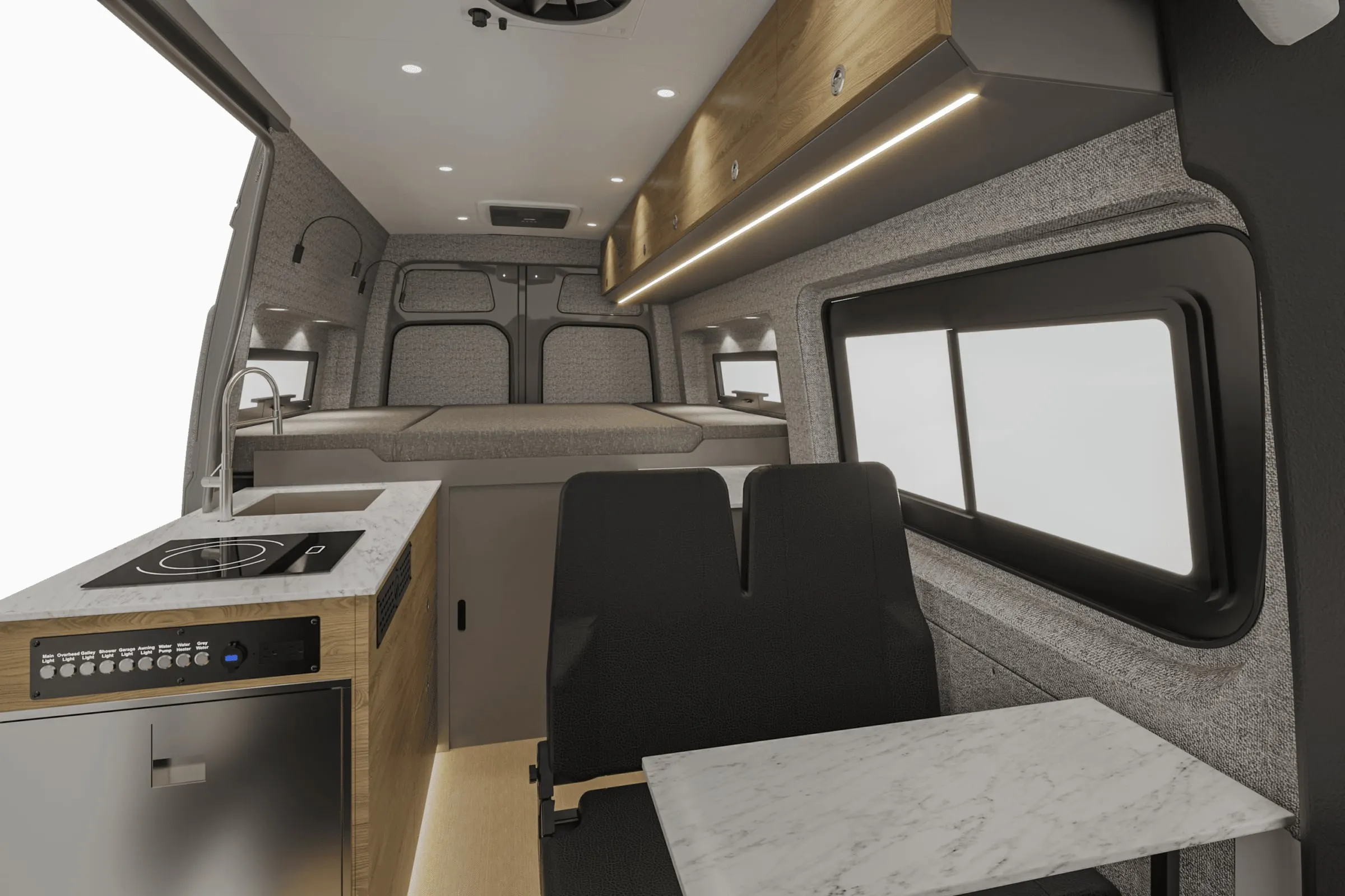 Aoraki interior in the Bryson color package, looking aft along the cabin from the cab, galley to the left