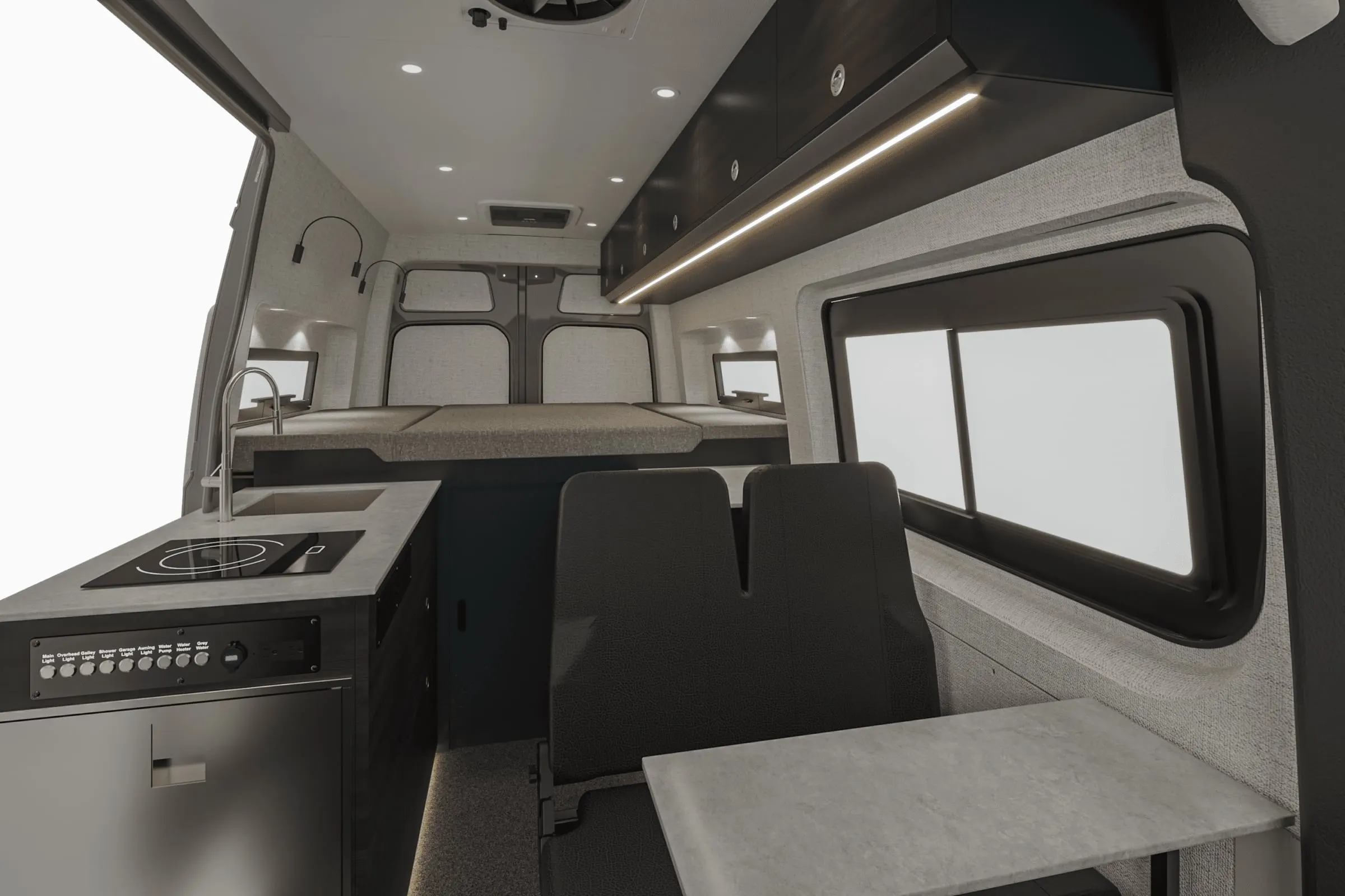 Aoraki interior in the Cordova color package, looking aft along the cabin from the cab, galley to the left
