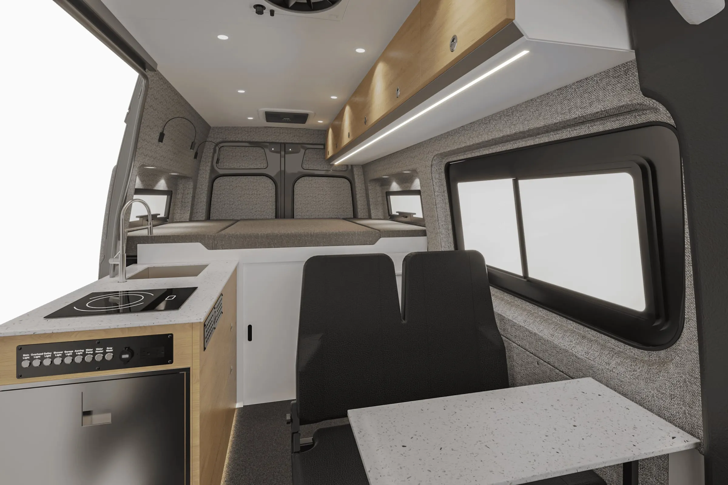 Aoraki interior in the Estes color package, looking aft along the cabin from the cab, galley to the left