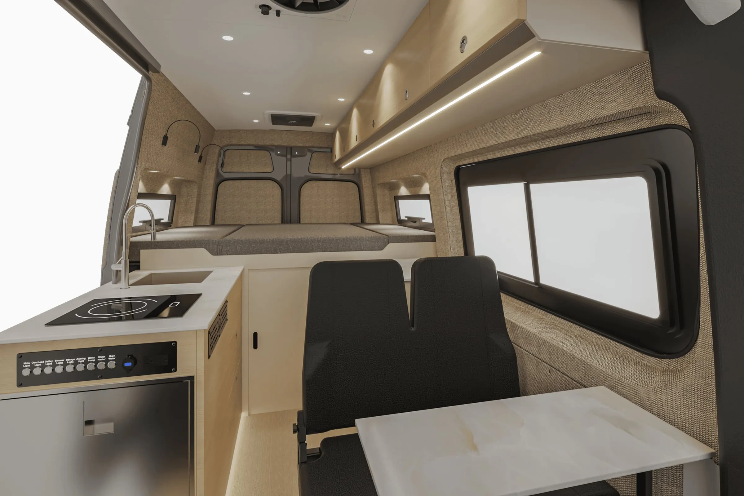 Aoraki interior in the Stowe color package, looking aft along the cabin from the cab, galley to the left