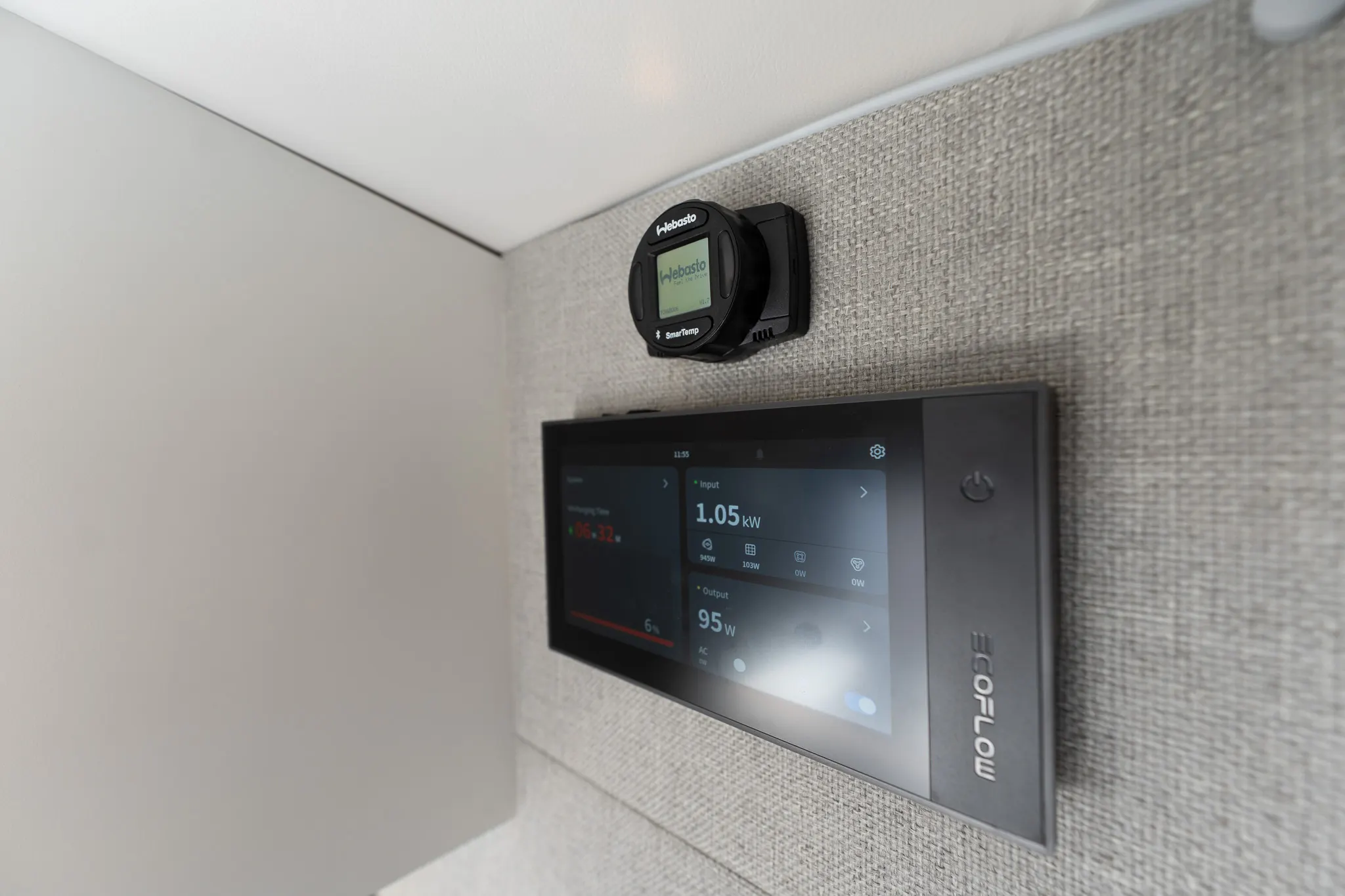 The EcoFlow display and the heater controller on the wall