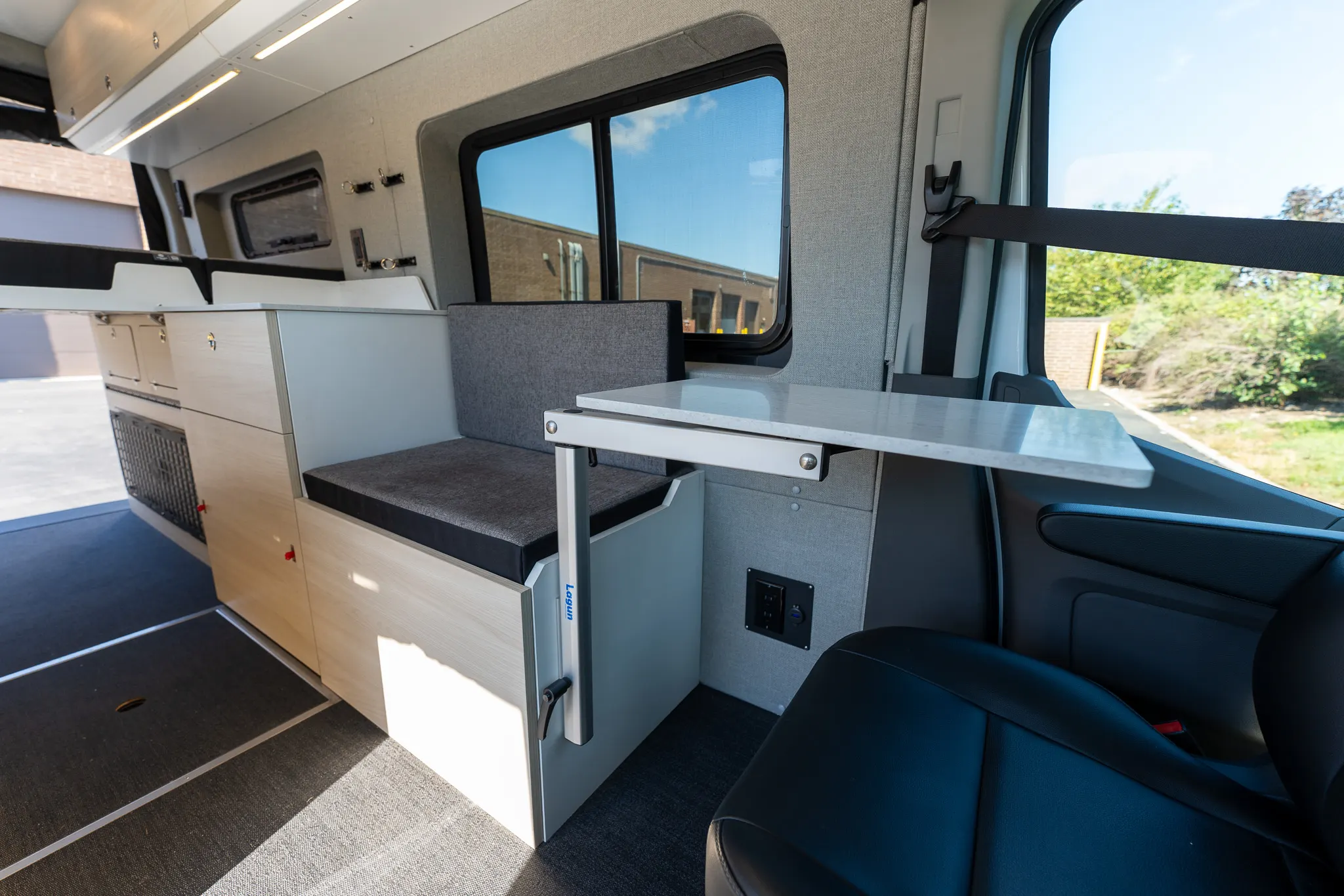 The bench, the fold-down table and a swivel front seat