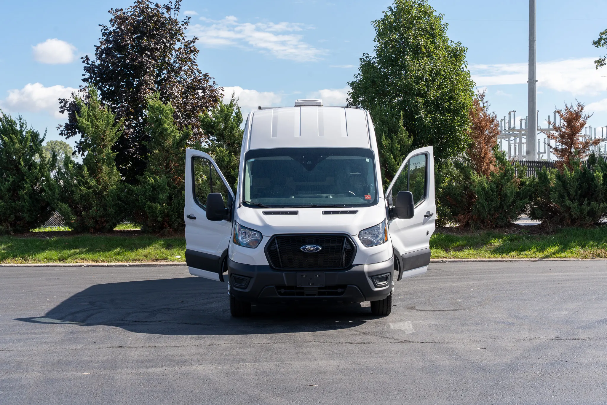 The van from straight ahead with both cab doors open